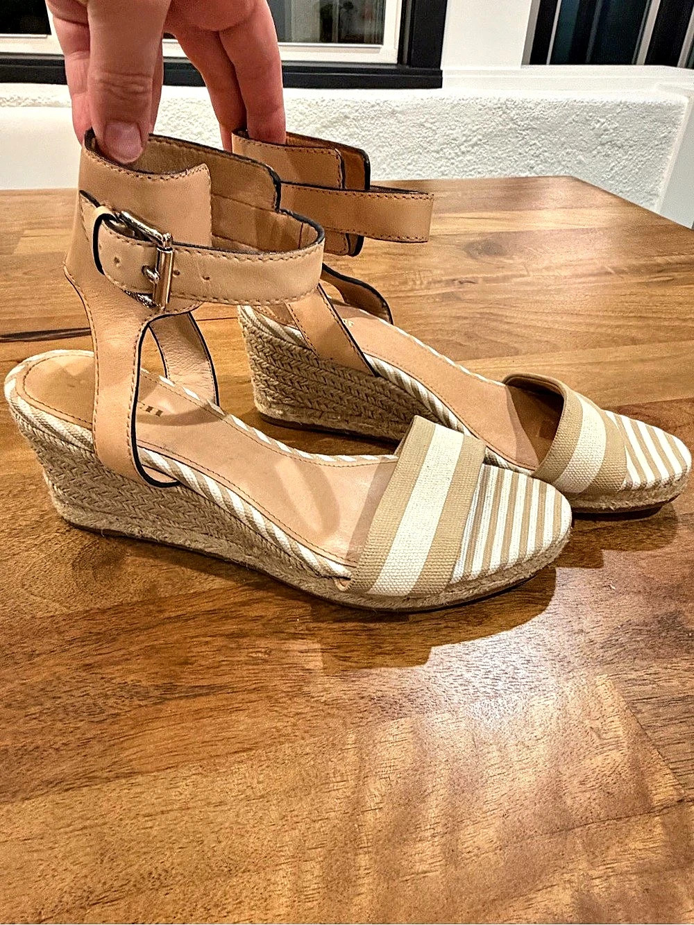 COACH Helen Cabana Stripe Espadrille Wedge Sandals Tan & White Women’s Size 9